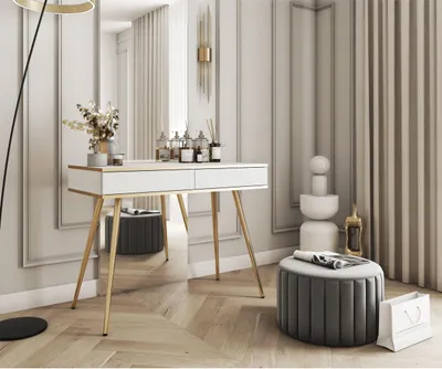 Produktbild von Schreibtisch Glow im glamour Stil Frisiertisch mit Schubladen weiß und gold Schminktisch Schreibtisch mit Schubladen, Farbe: Weiß, Gold