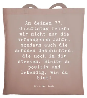 Produktbild von Mr. & Mrs. Panda Jutebeutel Spruch 77. Geburtstag Geschichten - Braun Pastell - Geschenk, Alter, besonderes, festivaltasche, Tasche, Abenteuer, vergangene Jahre, Tote Bag