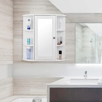 Immagine prodotto di Mobiletto da bagno - Pensile da parete - Armadietto contenitore - Specchiera - Armadietto per medicinali - Design scandinavo - Dimensioni: 60x16x58 cm