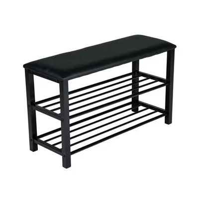 A black shoe rack with a padded seat.