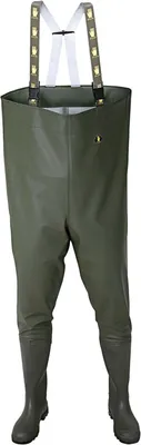 A pair of green waders with white suspenders against a white background.