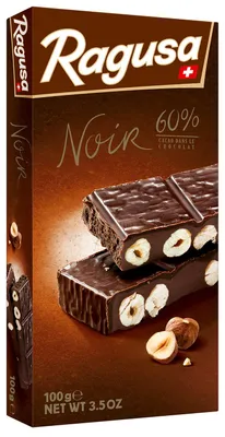 Produktbild von Camille Bloch Ragusa Noir, dunkle Schokolade, 100 g, 1 Stück(e), Zucker, HASELNÜSSE (davon 11% ganze), Kakaomasse, Kokosfett, VOLLMILCHPULVER, Kakaopulver,..., Mandel, Schweiz