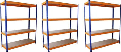 Zdjęcie produktu dla Promocja Monster Racking: 3 sztuki regałów S-Rax – regał do dużych obciążeń, regał magazynowy, regał garażowy, regał stalowy, regał przemysłowy, regał warsztatowy, regał modułowy, regał metalowy, w 100% bezśrubowy, niebiesko-pomarańczowy, 150 cm x 50 cm x 180 cm + gratisowy młotek gumowy