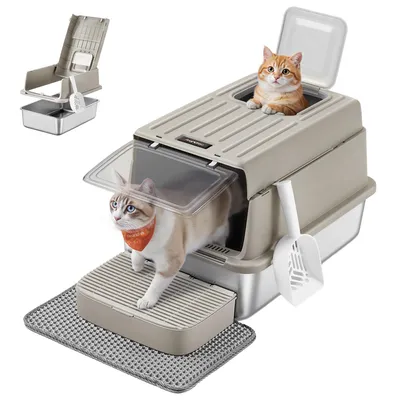 Produktbild von FEANDREA Katzenklo PP-Kunststoff, Edelstahl, Katzentoilette mit Deckel, Schaufel, Katzenstreumatte und 2 Eingängen, kaffeebraun
