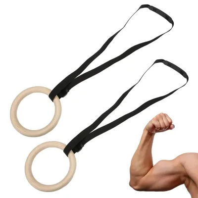 Image de Anneaux de gymnastique, capacité de 330 Lbs - Anneaux en bois - Sangles réglables - Entraînement à domicile - Exercices de traction - Utilisation polyvalente - Anneaux d'entraînement