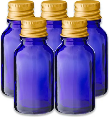 Produktbild von 5x Blaue Glasflasche 15 ml mit goldenem Aluminium Schraubverschluss
