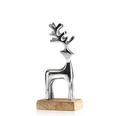 Produktbild von COM-FOUR® Metall-Rentier auf Holzsockel, dekorative Rentier-Figur aus Metall, Hirsch-Statue als hochwertige Weihnachtsdekoration oder Geschenk für Jäger