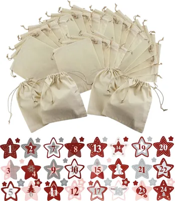 Produktbild von Oblique Unique DIY Adventskalender Set - 24 Baumwollbeutel + 24 Zahlen Sticker für Advent Kalender Deko zu Weihnachten DIY Basteln