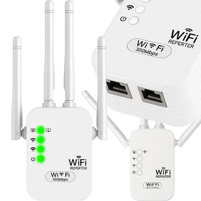 Produktbild von WLAN Repeater Verstärker 250Mbit/s 2,4 GHz bis zu 300 m²,  WiFi Extender Booster mit WPS, 2x Ethernet Port, 4x Antennen, Router Modus, Weiß, Retoo