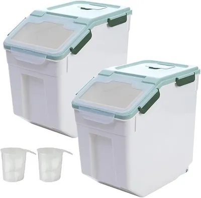 Produktbild von 2 Stück Hundefutter-Aufbewahrungsbehälter mit Schaufel, großer, luftdichter Hundefutterbehälter, Behälter für Hundeleckerlis, Reis, Hunde- und Katzenfutterbehälter, Speisekammer, Müsli (grün)
