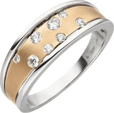 Produktbild von Ring Damenring mit weißen Zirkonia, 375 Gold Weißgold Rotgold bicolor mattiert Innenumfang 60mm  Ø19.1mm