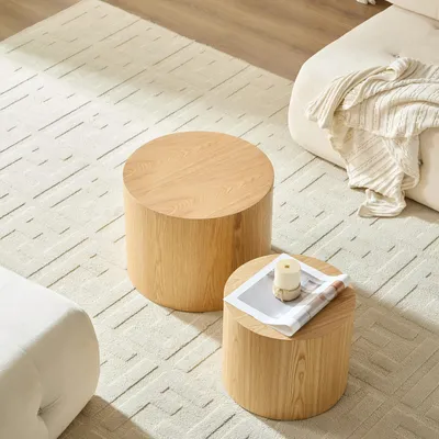 Immagine prodotto di MODFU, set di 2 tavolini rotondi, set di tavolini per soggiorno con design impilabile, diametro 48x38 + diametro 38x32 cm, tavolini ausiliari in legno massello, colore naturale