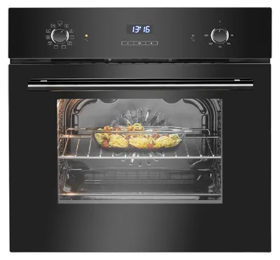 A black built-in oven with food cooking inside.