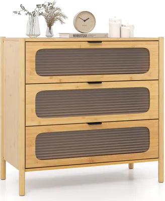 Produktbild von Kommode aus Bambus mit 3 Schubladen, Schubladenschrank mit geriffelter Front aus gehärtetem Glas, für Zuhause mit Kippschutz, Natur
