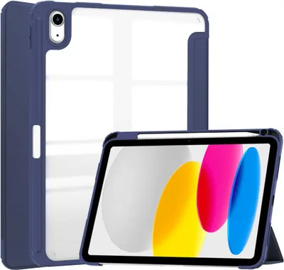 A dark blue tablet case with a clear back is shown, with a tablet inside displaying a colorful abstract image. The tablet is propped up by a stand integrated into the case, and a stylus is attached to the side.