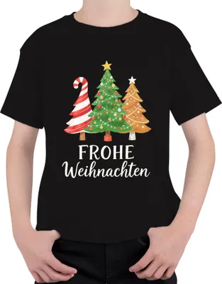 Produktbild von FROHE Weihnachten Weihnachtsbaum Tannenbaum Zuckerstange Lebkuche Uni Kinder T-Shirt, Schwarz, 128