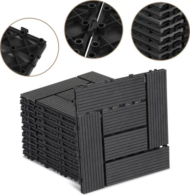 Produktbild von Faziango WPC Terrassenfliesen, 30x30 cm, 110er Spar Set für 10m², Anthrazit in Holzoptik, für Garten Balkon Bodenbelag mit Drainage und Klicksystem