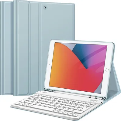 Produktbild von Fintie Tastatur Hülle für iPad 10.2 Zoll (9/8/ 7 Generation - 2021/2020/2019), Schutzhülle mit TPU Rückschale, Pencil Halter und magnetisch Abnehmbarer Tastatur mit QWERTZ Layout, Eisblau