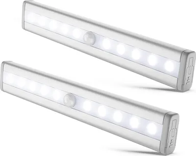 Two LED light bars with motion sensors are shown against a white background.