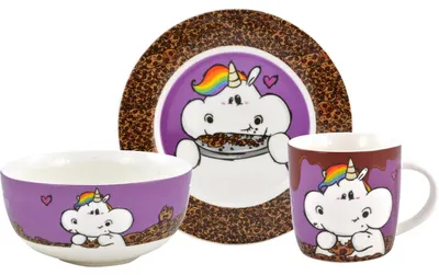 Produktbild von Pummel & Friends Frühstücksset Pummeleinhorn - Ich bin nicht dick. Ich bin flauschig! Geschirr Set 3-teilig Teller, Schale & Tasse aus Porzellan