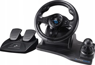 A gaming steering wheel and pedal set on a white background.