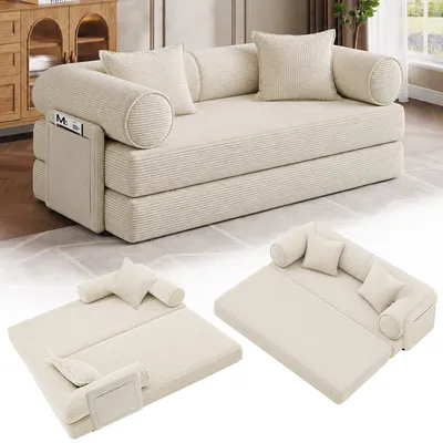 Produktbild von HOOLAMYIE 6-in-1 Modulares Schlafsofa aus Cord, Klappbares Polstersofa mit Seitentasche, montagefrei, Bodensofa 2-Sitzer, beige