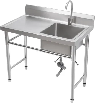 Produktbild von GreatDEshop2021, Edelstahl Spüle, freistehend, Einzelwaschbecken, rechts, Silber, 100x60x93 cm, Komplettset, hoher 360° drehbarer Wasserhahn, verstellbare Füße, pflegeleicht, rechteckig, für Gewerbe