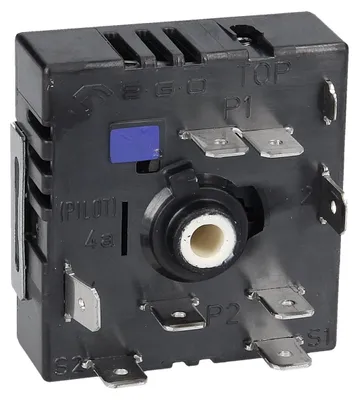 A close-up, studio shot of a black electrical component with silver metal connectors and some text labels.