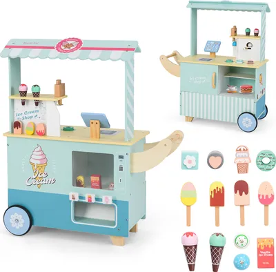 Produktbild von COSTWAY Eiswagen mit Eiscreme Spielzeug, Eismaschine, Verkaufsautomat, Kasse Scanner & 15 Zubehör Kaufladen Holz für Kinder ab 3 Jahren Grün