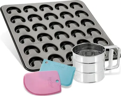 Produktbild von Zenker Vanillekipferl-Set, 30er-Kipferl-Backblech mit Antihaftbeschichtung, Teigschaber zum Bestreichen, Puderzuckersieb zum Bestreuen, Vanillekipferl einfach selbst backen