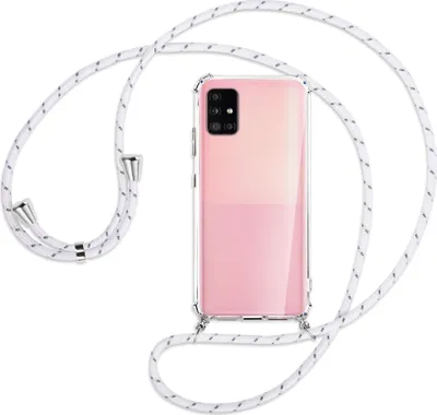 Produktbild von Handykette Backcover-Schutzhülle mit Band (Metall silberfarben) für Samsung Galaxy A51 5G (A516) - weiß/grau