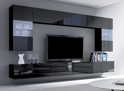 Image de AX LIVING Meuble-paroi Moderne Kossana 1 - Largeur 300cm, Stylé Noir