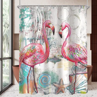 Productafbeelding van Douchegordijn 180x200cm, "Liefdesvogel" plantenmotief, verzwaard voetstuk, waterafstotend, polyester, inclusief 12 haken