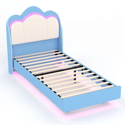 Produktbild von HOMAVO Polsterbett 90x200cm Kinderbett, Einzelbett mit LED-Beleuchtung, Polsterbett aus Samt mit Wolken-Design, Schwebebett