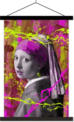 Produktbild von MuchoWow® Textilposter Das Mädchen mit dem Perlenohrring - Johannes Vermeer - Neon 120x180 cm mit schwarzem Rahmen - Fotos