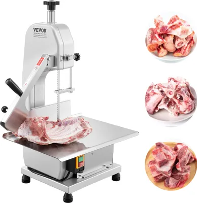 A commercial electric meat band saw is shown with a piece of meat on its cutting surface. Several bowls of cut meat are displayed to the right of the saw.