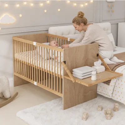 Produktbild von Flieks Gitterbett Babybett 70x140cm mit zusammenklappbarer Ablage, Höhenverstellbares Nebenbett Beistellbett mit Rausfallschutz, Naturbelassen
