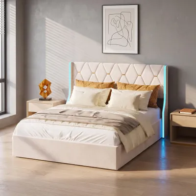 Produktbild von INONEFT Boxspringbett 160x200cm Polstebett Doppelbett mit LED-Beleuchtung, Stauraumbett Bettgestell mit Lattenrost, Jugendbett, Beige
