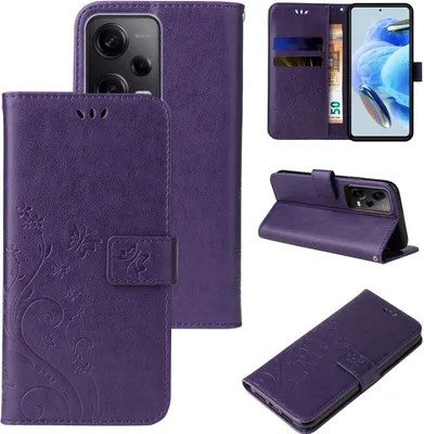 A collage of images showing a purple floral and butterfly embossed flip phone case for a Xiaomi Redmi Note 12 Pro 5G.