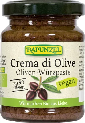 Produktbild von Rapunzel 1203165, Pesto Soße, 120 g, Italien, Oliven* schwarz (69,00%), Olivenöl* nativ extra (26,00%), Meersalz, Lorbeer* *kontrolliert..., 1859 kJ, 452 kcal