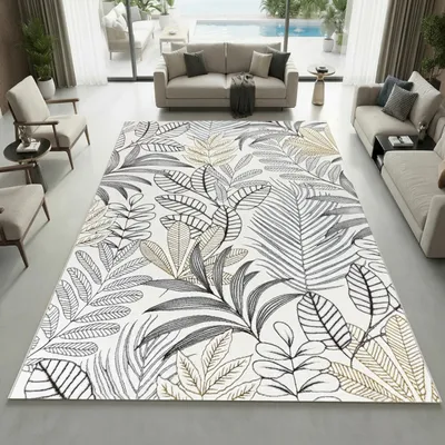 Produktbild von Kurzflorteppich Creme mit Blätterdesign Glanzoptik weich pflegeleicht für Wohnzimmer Schlafzimmer Größe - 140 x 200 cm