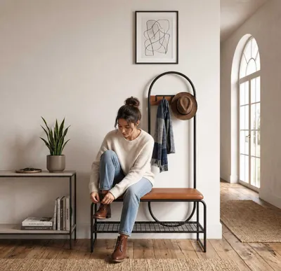 Image de Banc de rangement en métal avec crochets, étagère, idéal pour l'entrée, design moderne, avec assise