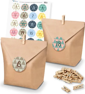Produktbild von Adventskalender Set 24 Geschenktüten + Klammern + Sticker