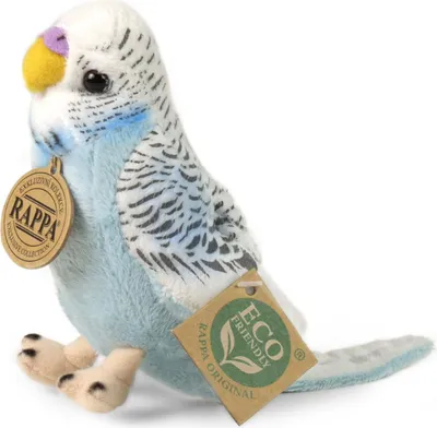 A plush toy budgie is shown sitting against a white background.