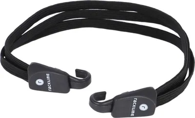 A black elastic strap with two hooks and a brand logo.
