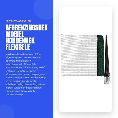 Productafbeelding van Afgrenzingshek 25 m lang - Mobiel Hek - Fijnmazig Tuinnet - Hondenhek - Afsluithek - 15 Glasvezelpalen - Vrije Paalafstand - Omheining