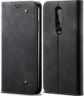 A black flip-style phone case shown from the front and back.