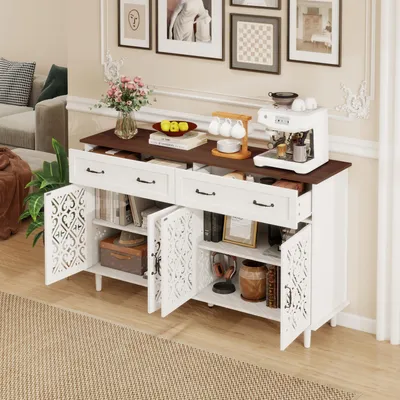 Produktbild von okwish Sideboard Stauraumschrank Kommode - Vintage Frästüren - Anrichte mit 4 Türen - 2 Schubladen mit Verstellbaren Einlegeböden Wohnzimmer - Weiß