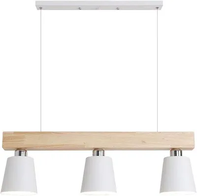 Obrázek produktu pro Závěsné svítidlo, jídelní stůl, dřevo, závěsná lampa, 3 žárovky, teplé bílé světlo, vintage styl, výškově nastavitelné, závěsné svítidlo pro jídelnu, obývací pokoj, kancelář, ložnici, kuchyň, boho styl, bílá barva, patice E27