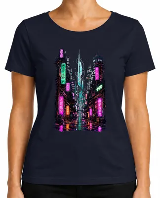 Imagen del producto de Camiseta para mujer con diseño cyberpunk de Tokio, estilo neón japonés, estética Y2K y vaporwave. Color: azul marino. Talla: XXL